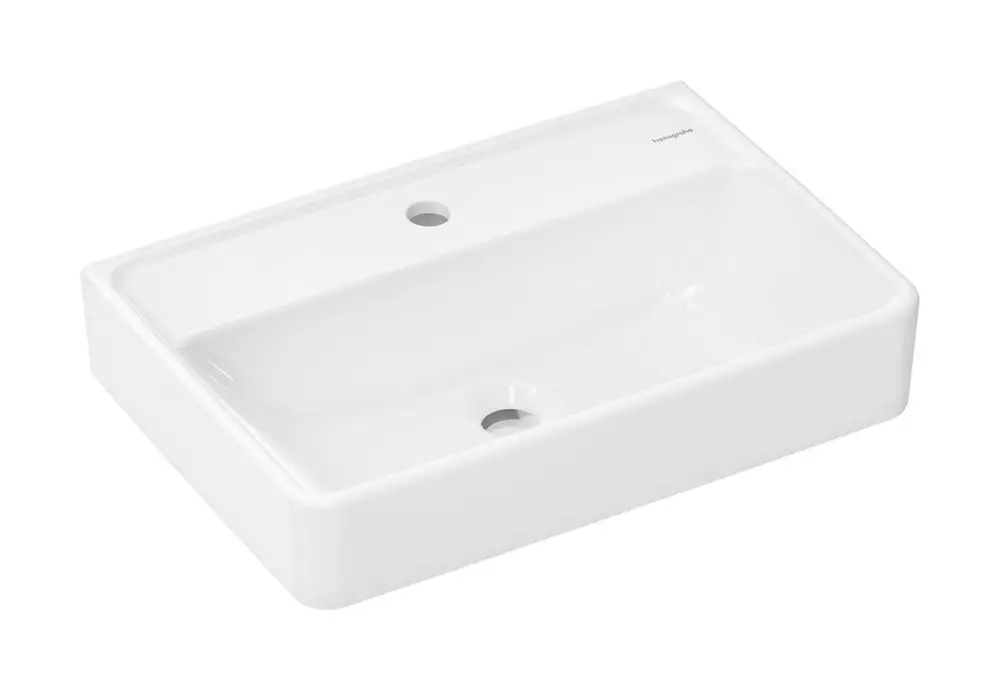 Weißer Waschtisch ohne Überlauf, mit abgerundeten Kanten und Hahnloch, geeignet für Badezimmer. Produkt von Hansgrohe.